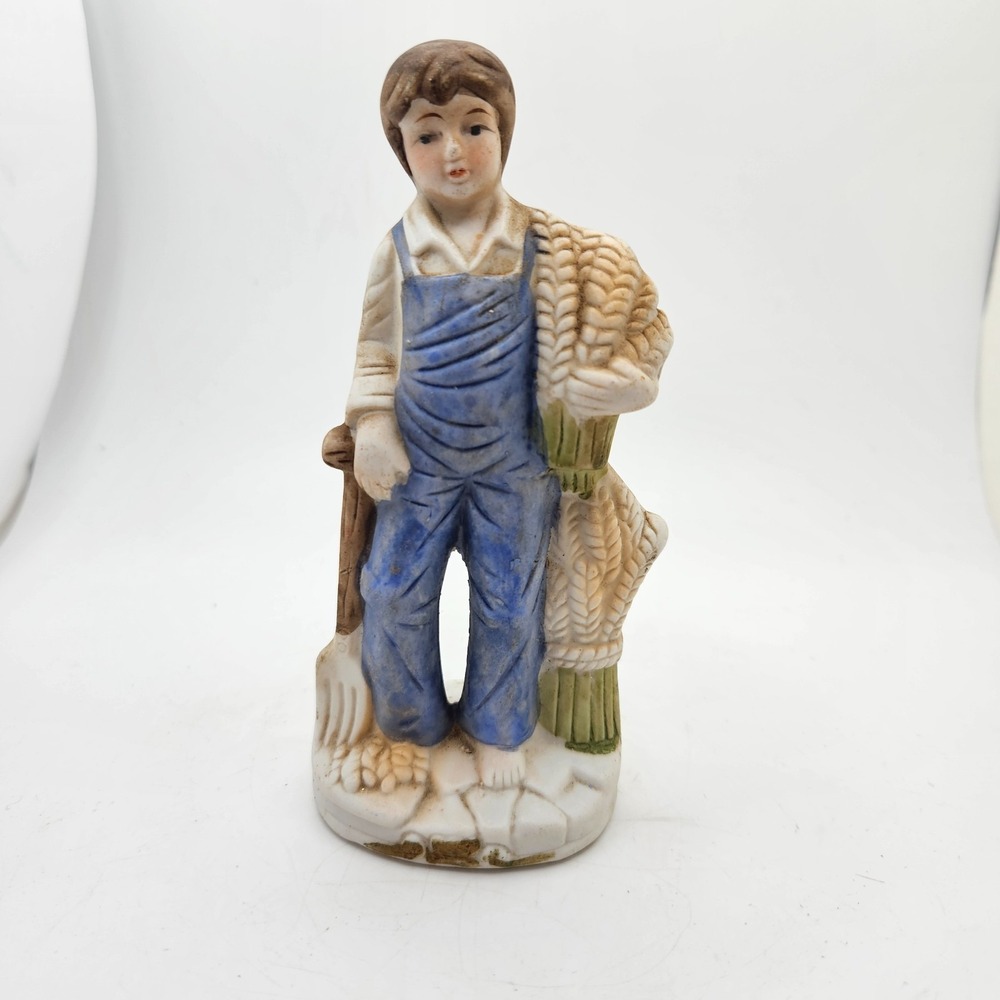 Vintage Porcelain Farmer Figurine Wheat Sheaf Pitchfork Farm Boy Rustic Decor